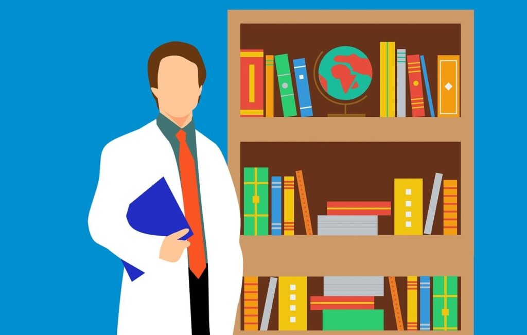 一位身穿白袍、手持文件夾的學者站在書架旁，象徵博士畢業生或研究人員完成論文後，繼續深造或進行學術研究。背景書架上排列著各類書籍與地球儀，強調升學、論文寫作與全球視野的結合。