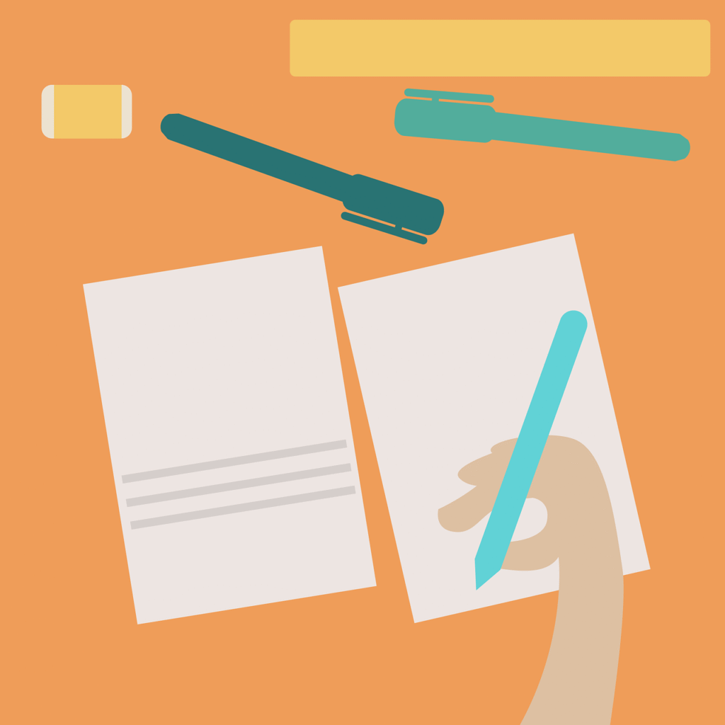 一幅扁平風格插圖呈現自上而下的論文寫作場景，背景為橙色，桌面上放有文具，象徵學生專注撰寫論文或學術報告的過程，展現學習與創作的專注氛圍。
