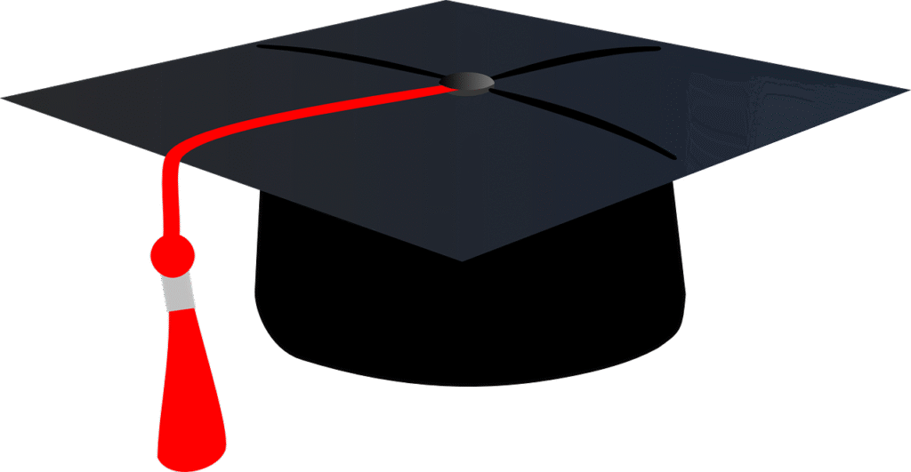 一頂黑色畢業帽搭配紅色流蘇，象徵學生完成論文寫作與學業，順利畢業並準備升學，代表著學術成就與邁向新階段的重要里程碑。