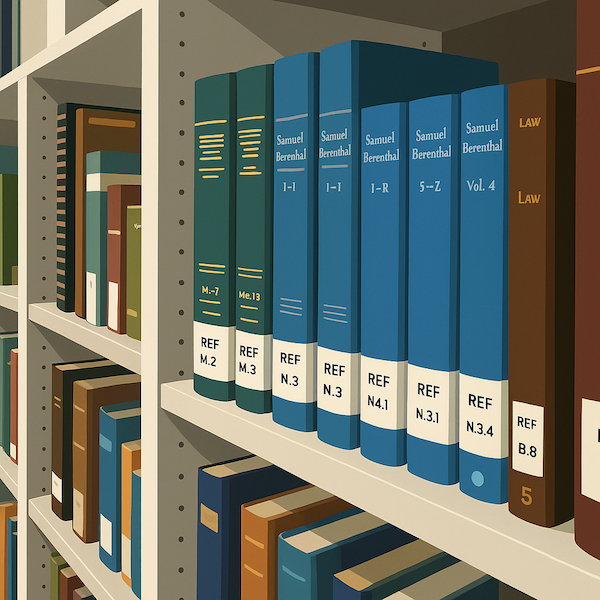 圖書館書架上整齊擺放著多本參考書與法學資料，象徵學生在撰寫論文與準備畢業或升學過程中，深入研究與查閱學術資源，展現學術探究精神與求知態度。