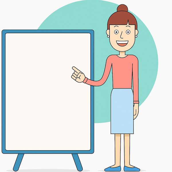 一位女性角色站在白板旁微笑並指向空白處，象徵正在進行論文簡報、升學面試或畢業口試的情境，代表學生在完成論文後自信展示成果，邁向畢業與升學階段。