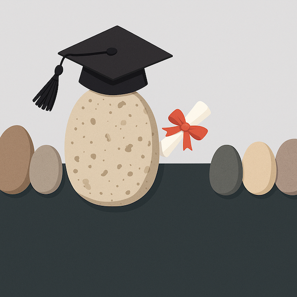 一顆擬人化的石頭戴著畢業帽並拿著綁有紅絲帶的畢業證書，站在其他石頭中間，象徵努力學習後順利完成論文、成功畢業並準備升學，傳達不論背景如何，只要堅持就能達成學術目標的正面訊息。