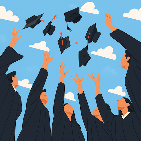 一群穿著學位袍的畢業生將學士帽高高拋向天空，象徵順利完成碩士或博士論文後成功畢業，展現升學歷程中的成就與歡欣，準備迎接下一階段的學術或職涯挑戰。