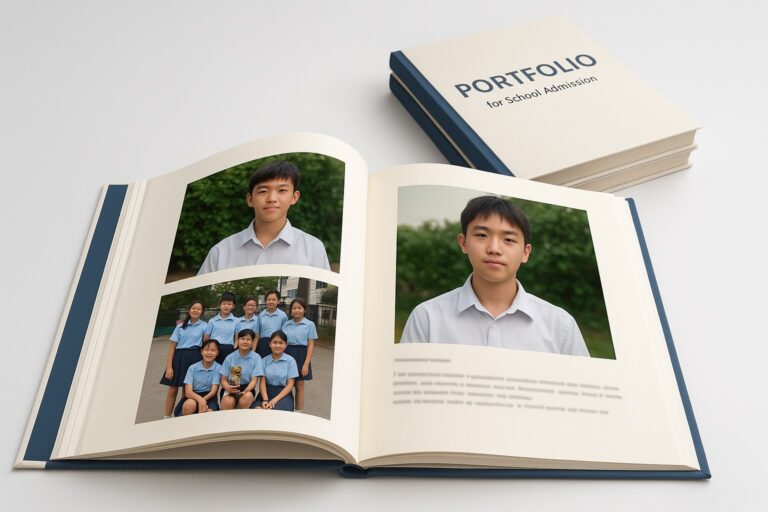 一本打開的升學作品集，內頁展示學生的個人簡介與參與活動的照片，背景中可見整齊堆疊的多本作品集，象徵準備充足、條理分明。