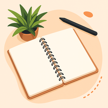 一個擺放在桌上的空白螺旋筆記本旁有黑色筆與盆栽，象徵學生正準備撰寫升學論文或計劃升學內容，畫面營造出安靜專注的學習與創作氛圍。